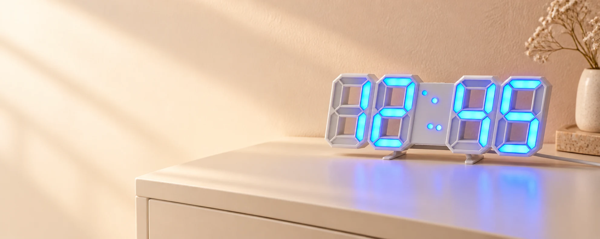 White 3D LED digital clock with blue illuminated digits